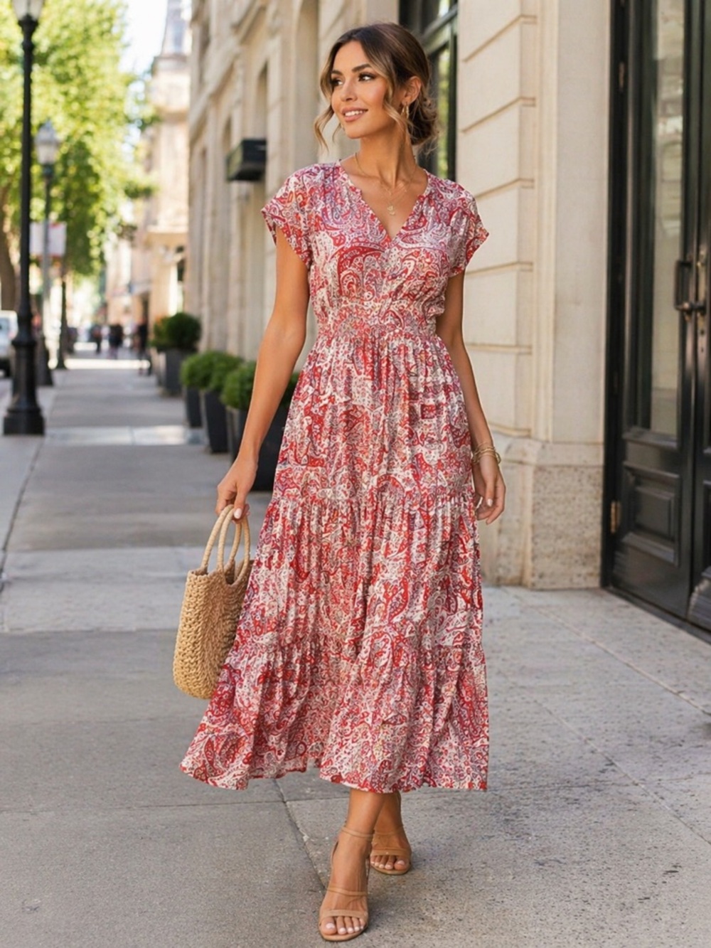 OLD NAVY Women's Red & Cream Paisley V-neck Tiered Short Sleeve Maxi Dress L